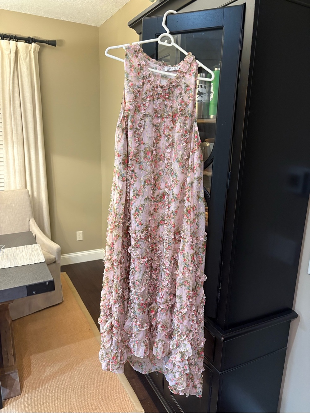 Mac Duggal Pink Sleeveless Floral Micro Ruffle Trapeze Midi Dress sz 12